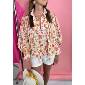 Karlie Ruffle Sleeve Coconut Girl Poplin Top in Fuchsia Floral S